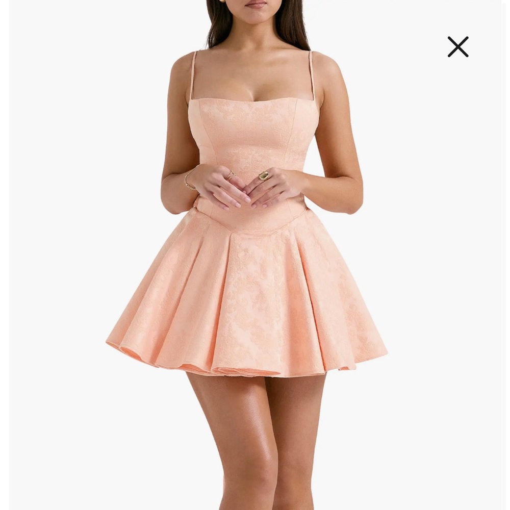 House of CB Rosalinda Peach Jacquard Mini Bow Gown